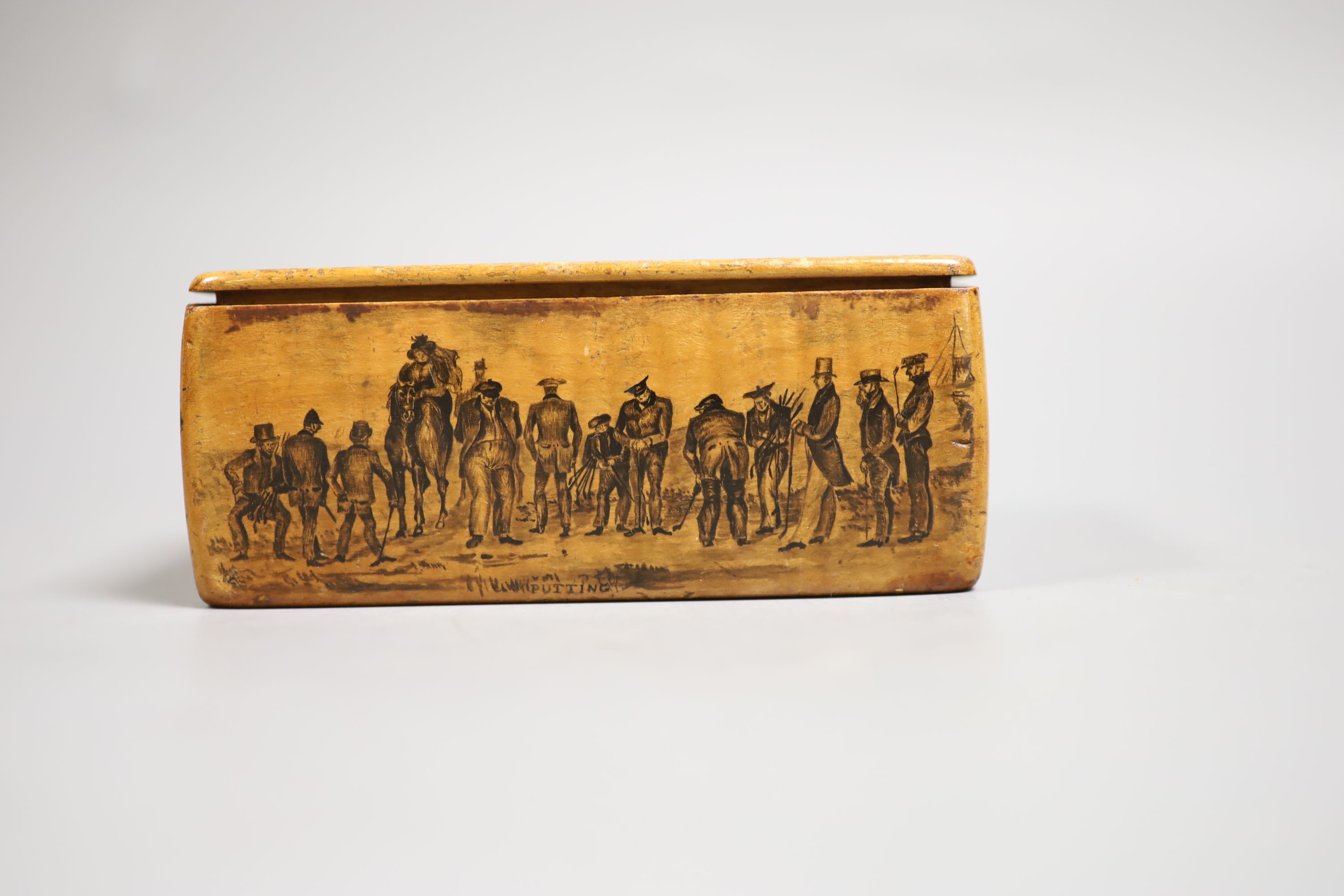 Early golfing interest - a rare Mauchline-ware sycamore penwork golfing snuff box, second quarter 19th century, by Charles Stiven of Laurencekirk 12.2cm